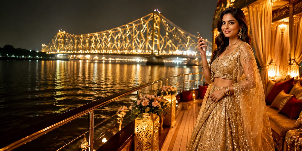 Scenic Kolkata Howrah Bridge with festive casino lights